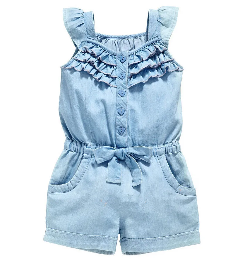 

2021 Europe Hot Sale children Flare Sleeve Overalls Denim Baby Ruffle Jumpsuit Girl clothing suit