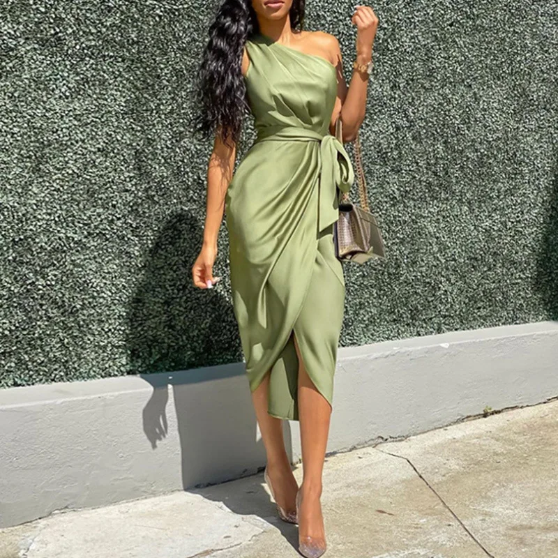 

ZC00282 2021 Summer Women's Irregular Oblique Shoulder Belt Slim-Fit Satin Dress Lady Elegant Evening Dresses Long Party