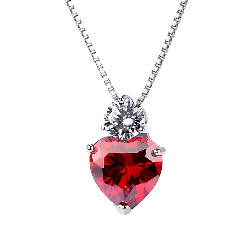 

SKA S925 Sterling silver necklace Red heart pendant Heart-shaped garnet pendant chain necklace