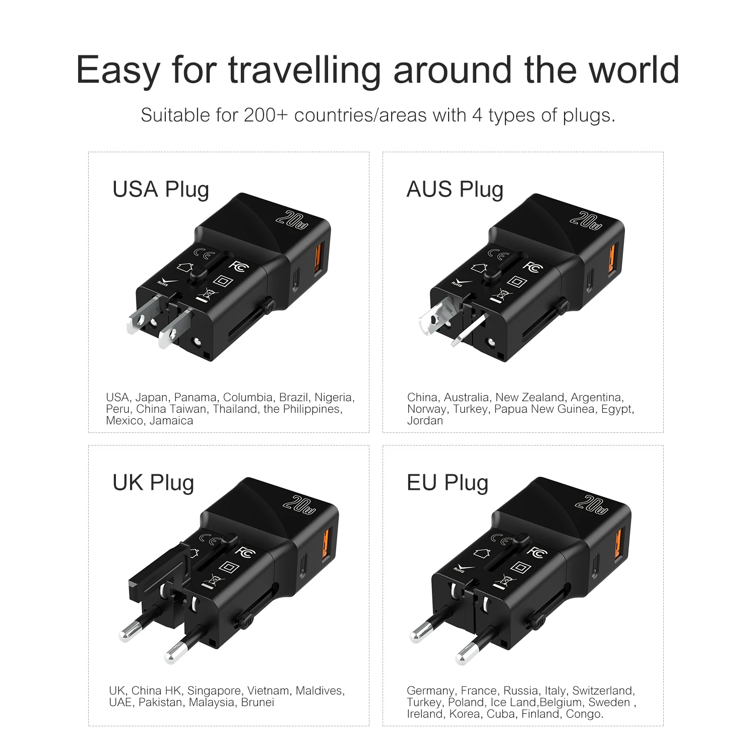 Universal Plug 20w Pd Power Adapter Multiport Usb Wall Travel Charger With Dual Usb Charger
