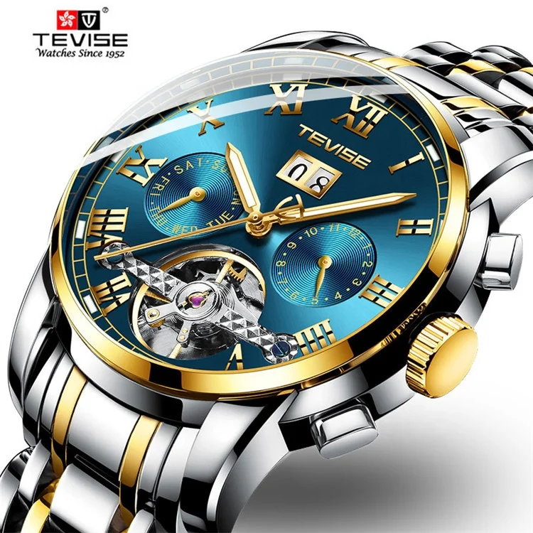 

Top Luxury Brand TEVISE Men Watch Stainless steel Tourbillon Calendar Automatic Mechanical Wristwatch Relogio Masculino