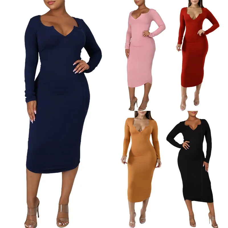 

Women'S Sexy Bodycon Long Sleeve Dress Square V-Neck Ribbed Basic Party Club Midi Pencil Dress