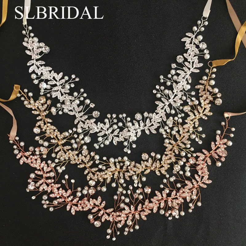 

SLBRIDAL Handmade Wired Crystal Rhinestones Pearls Wedding Hair accessories Hairband Bridal Headband Bridesmaids Women Jewelry