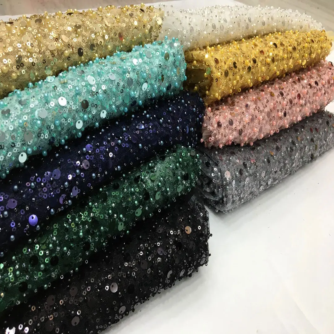 

new 2021 Luxury african french tulle lace black handmade beaded bridal voile lace fabric for dress