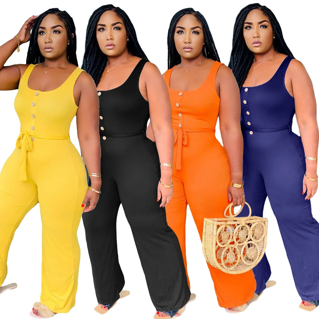 

2021 Ladies stitching solid color sleeveless jumpsuits sling top jumpsuit belt wide leg pants summer, Picture