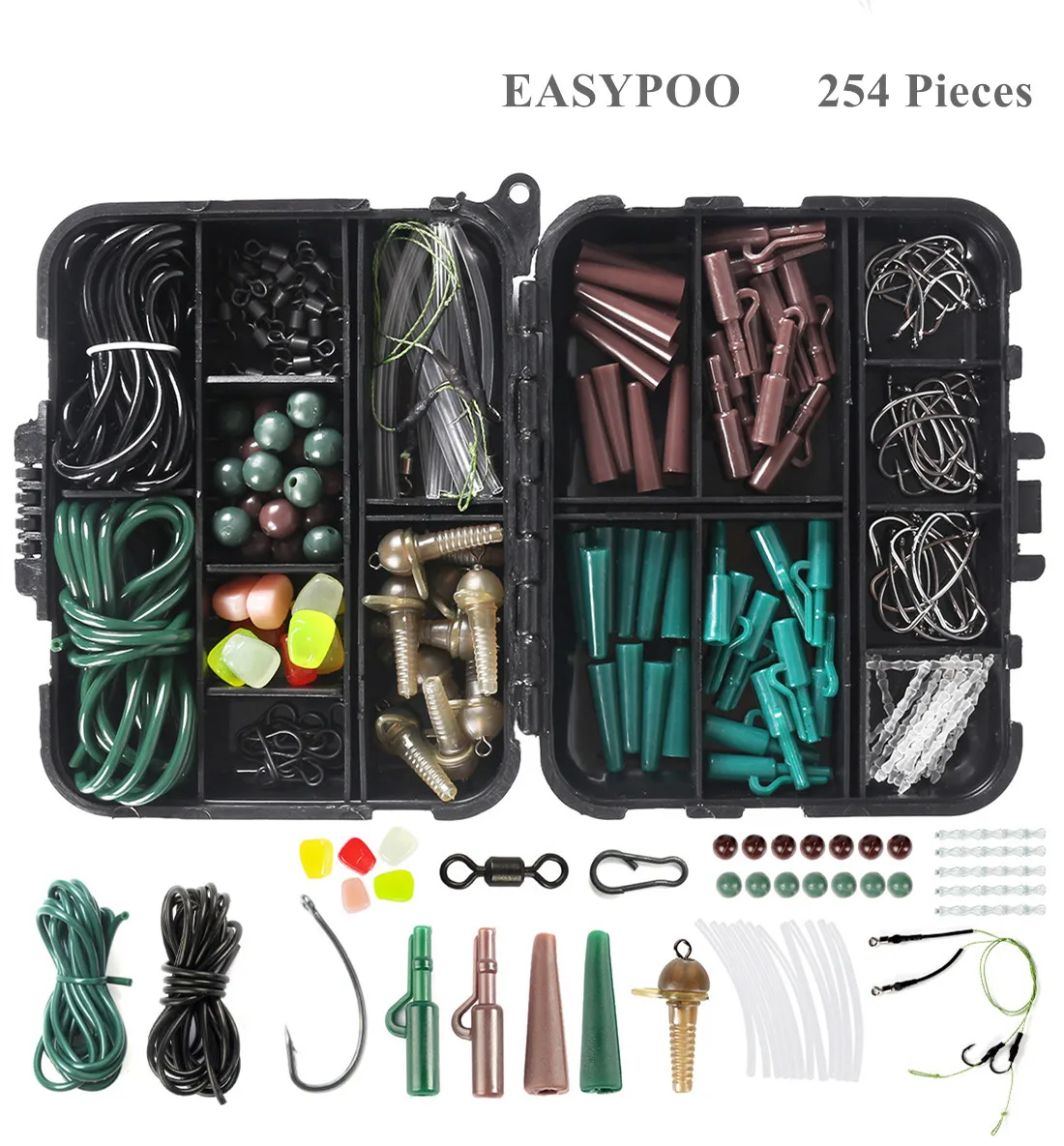 

EASYPOO 254 Pieces Carp Fishing Tackle Accessories Kit Metal Clips Carp Swivels Hooks Beads Fishing Accessories, Red, green, blue, black