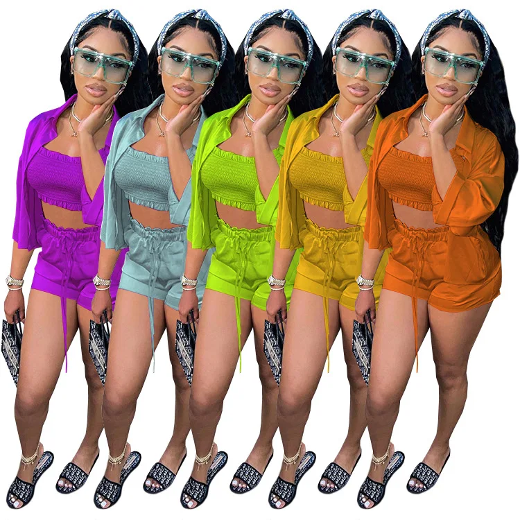 

2021 new summer fashion women's 3-piece Shorts Set wrapped chest + shirt custom logo clothing wholesale