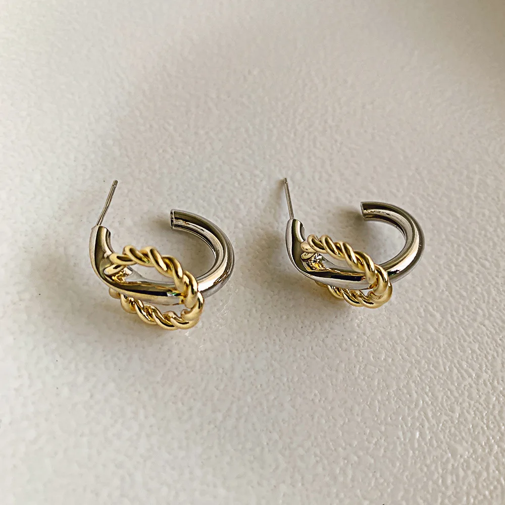

JUHU New personality retro C-shaped earrings gold metal round earrings alloy S925 silver needle jewelry for women, Gold/sliver