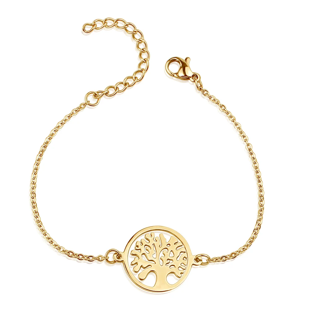 

2021 new trends women fashion jewelry stainless steel link chain rose gold plated coin tree of life bracelet, Steel/gold/rose gold