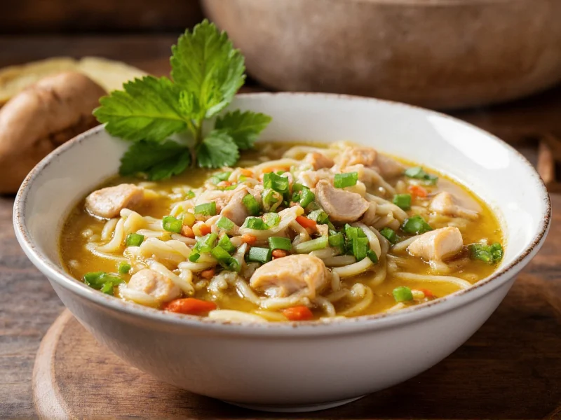 Steaming bowl of homemade chicken noodle soup with fresh herbs