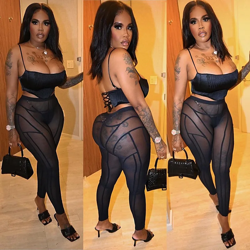 

Stock Sexy Mesh See Through Skinny 2021 New Arrivals Women 2 Piece Sets