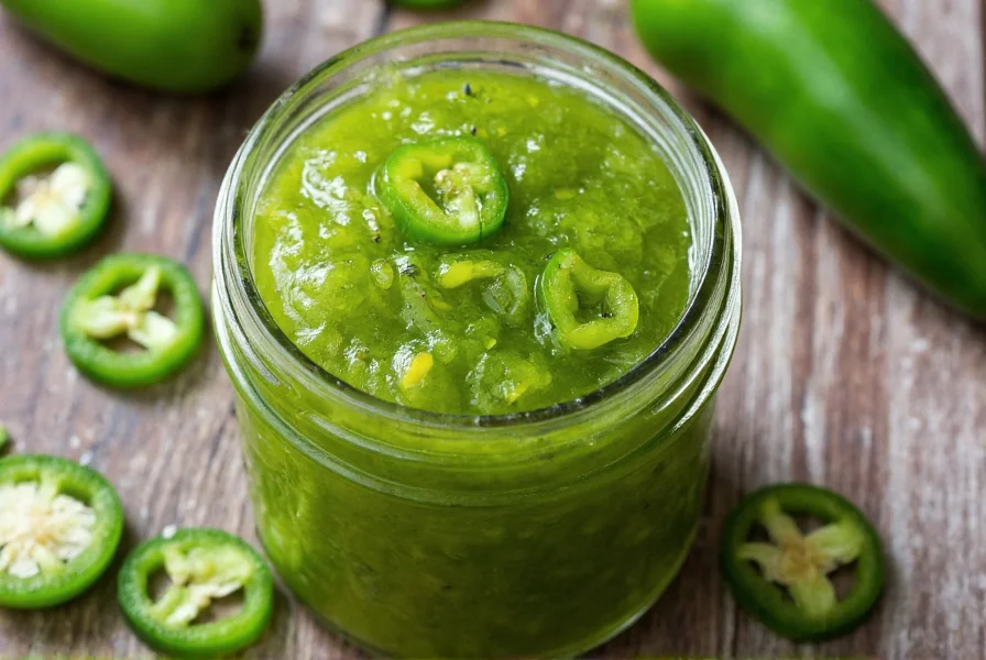 Close-up of vibrant green jalapeño pepper jelly in a mason jar with fresh jalapeños and herbs