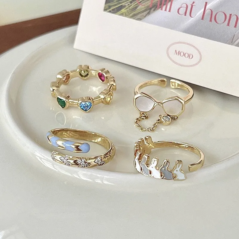 

Luxury Fashion Adjustable Pearl Zircon Butterfly Heart Finger Ring Women Dainty Gold Cz Knuckle Ring Jewelry