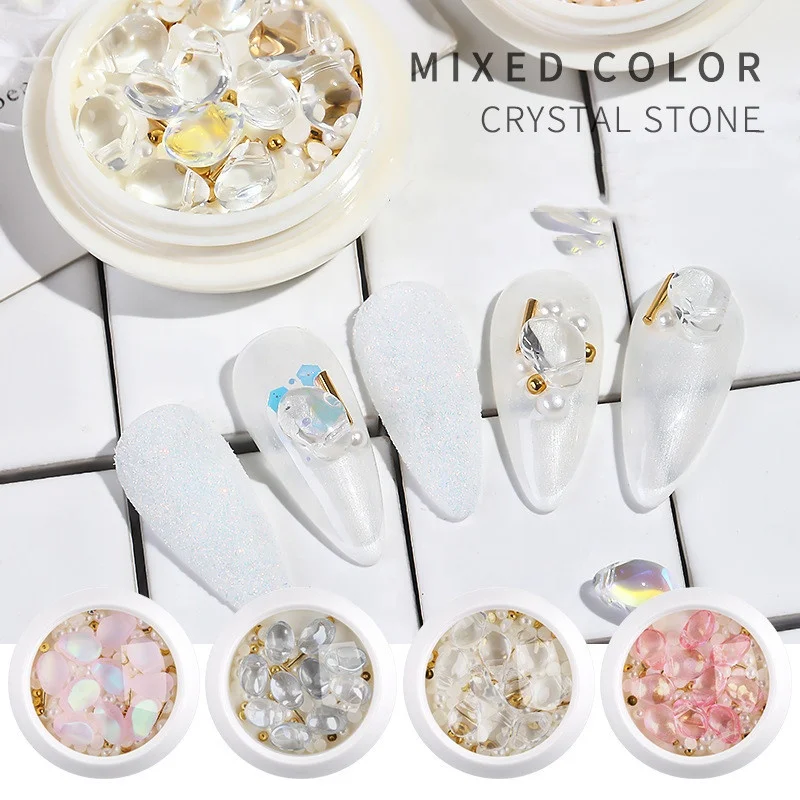 

Mixed Color Crystal Nail Shell Stone Fake Nails Tips DIY Decoration Pearl Steel Gem Ball Rivet Nail Art Accessories Rhinestone, Multi color