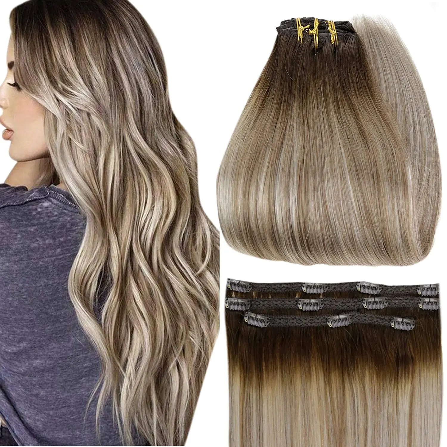 

Full Shine Factory Direct Sales Remy Human Hair Clip in Extensions #3/8/22 Clip in Hair Extensions