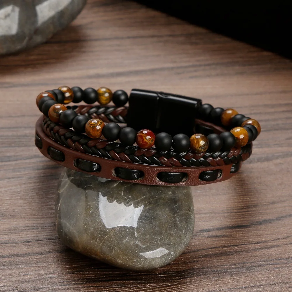 

LIFTJOYS Wholesale Custom Mens Natural Stone Bead Bracelet Tiger Eye Leather Bracelets Bulk Order Price