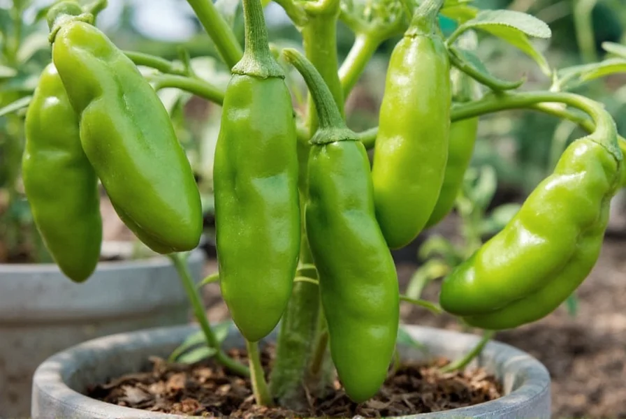 Wiri wiri pepper plant in container showing small upright growing peppers at various stages of ripeness