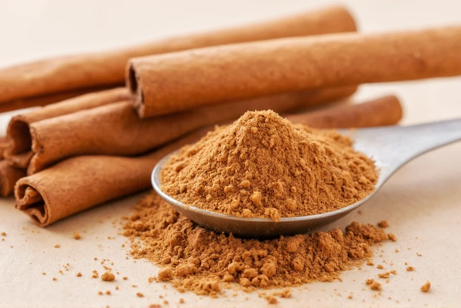 Close-up of cinnamon sticks and powder next to a measuring teaspoon for dog safety reference
