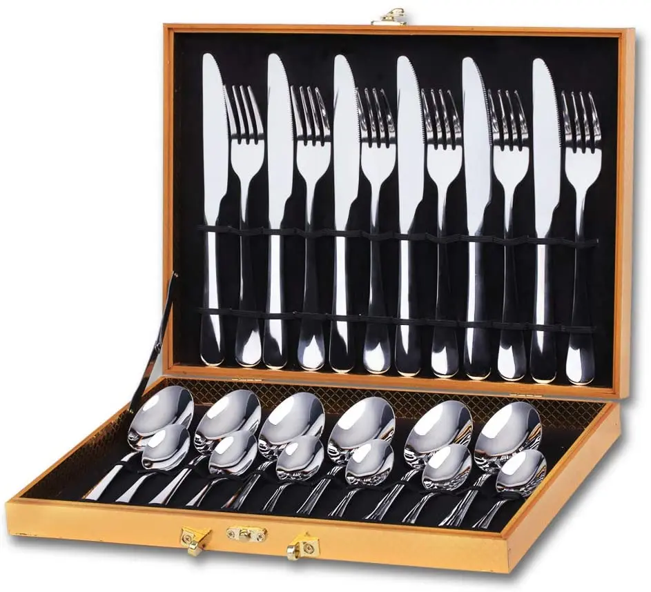 

24pcs Shiny gold plated cutlery set stainless steel cubiertos bestek flatware set for 6 tableware gift set with blue wooden case, Sliver/gold/rose gold/rainbow