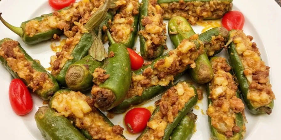 Beautifully plated stuffed poblanos with garnishes and side salad