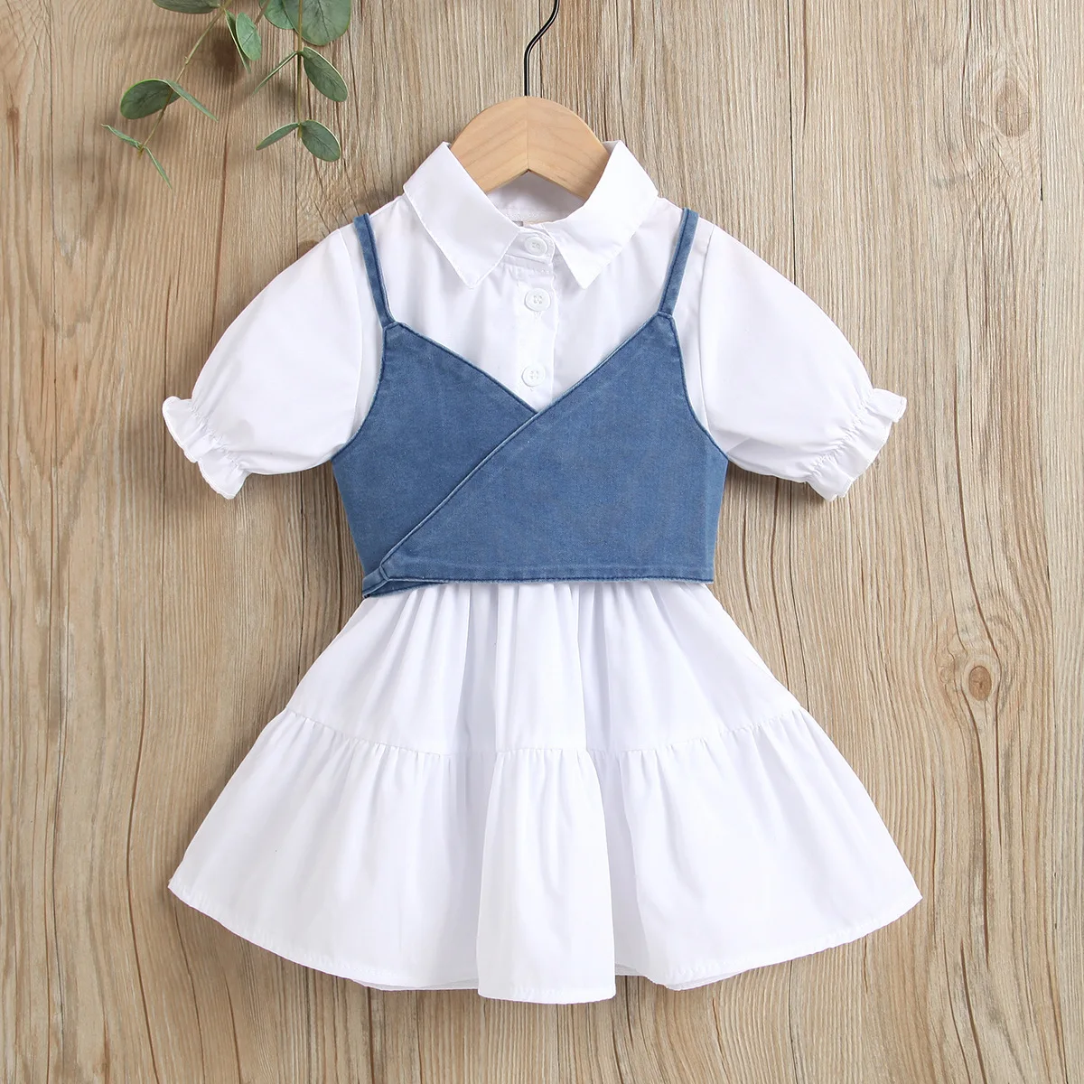 

2021 New Summer Kid Girl Short Sleeves White Shirt Dress with Blue Suspender band Baby Fashion Dress 1-5 Years, White blue