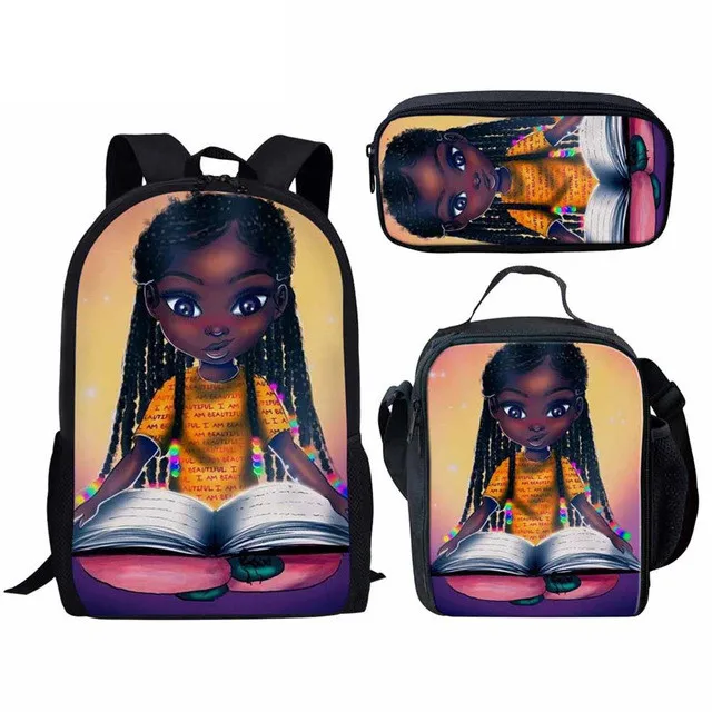 

Cute Cartoon Children Preschool Bookbags 3 in 1 Black Art Afro Girls Printing Custom Logo School Backpack Set, Customized your own school backpack