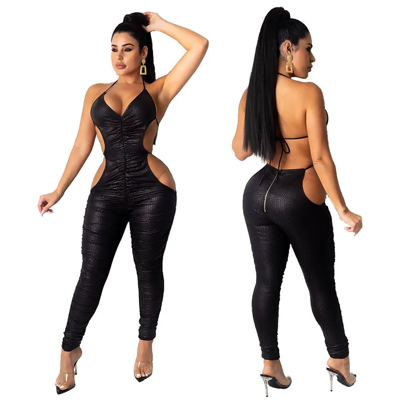 

QC1014 - Newest sexy lace up tight women black leather jumpsuits