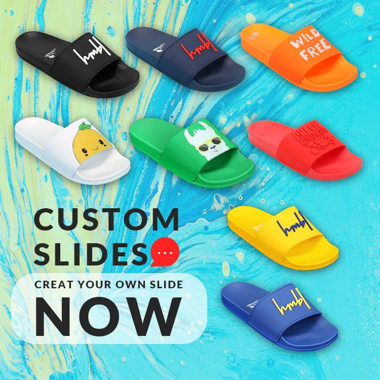 

Design Custom Logo Slide Slippers Beach Summer Sandals Cute Home Slipper Slippers Cartoon Custom Black Logo Slides, Customized color