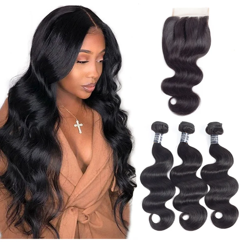 

Wholesale 1b# Natural Black Soft Body Wave Brazilian Human Hair Bundles With Lace Frontal Closure, Natural black/ #1b color