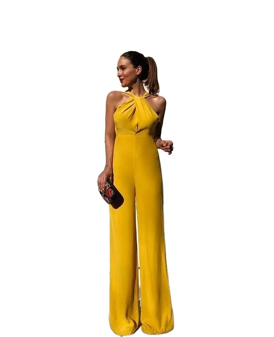 

Hot Selling 2019 Yellow Women Pant Dress Halter Neck Sleeveless Long Summer Beach Holiday Jumpsuit