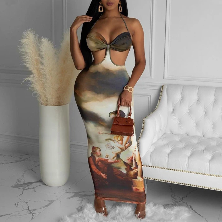 

FS1883D new arrivals Sexy hollow out dress women Fashion print long dresses