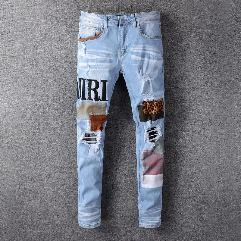 

2021 Latest style men light blue slim fit patchwork embroidery stretch skinny jeans
