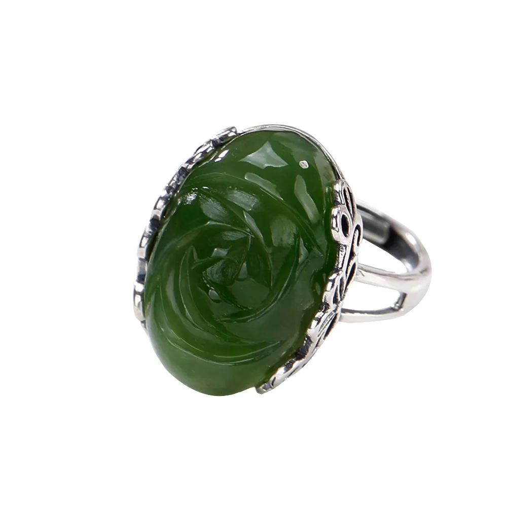 

Natural Jade Engraved Lotus Flower Rings Real 925 Sterling Silver Rings For Women
