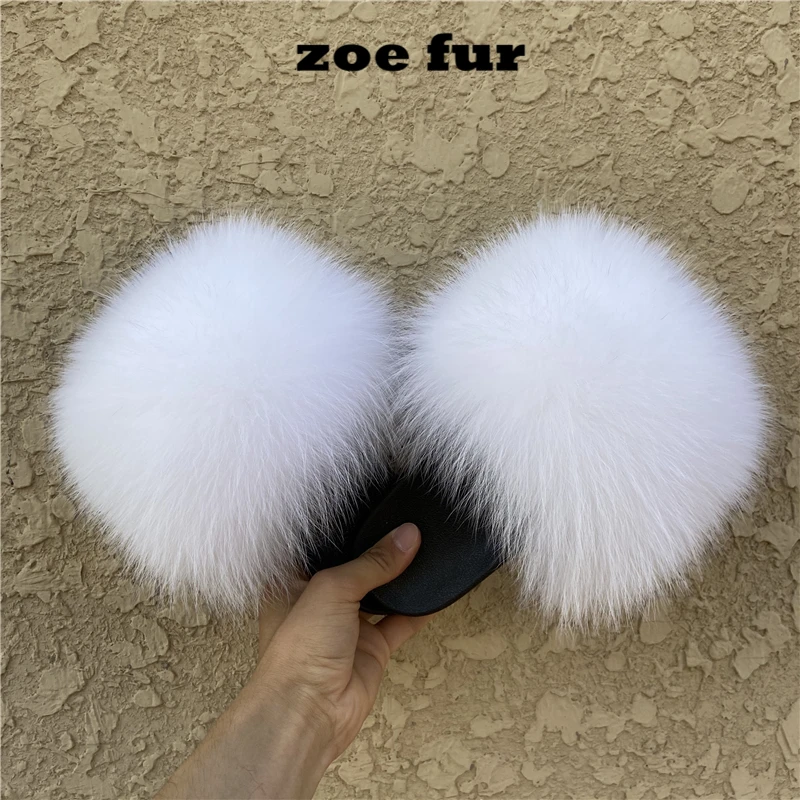 

2020 new wholesale custom logo fox fur slippers ladies fashion fluffy raccoon fur sandals luxury White fox fur slides