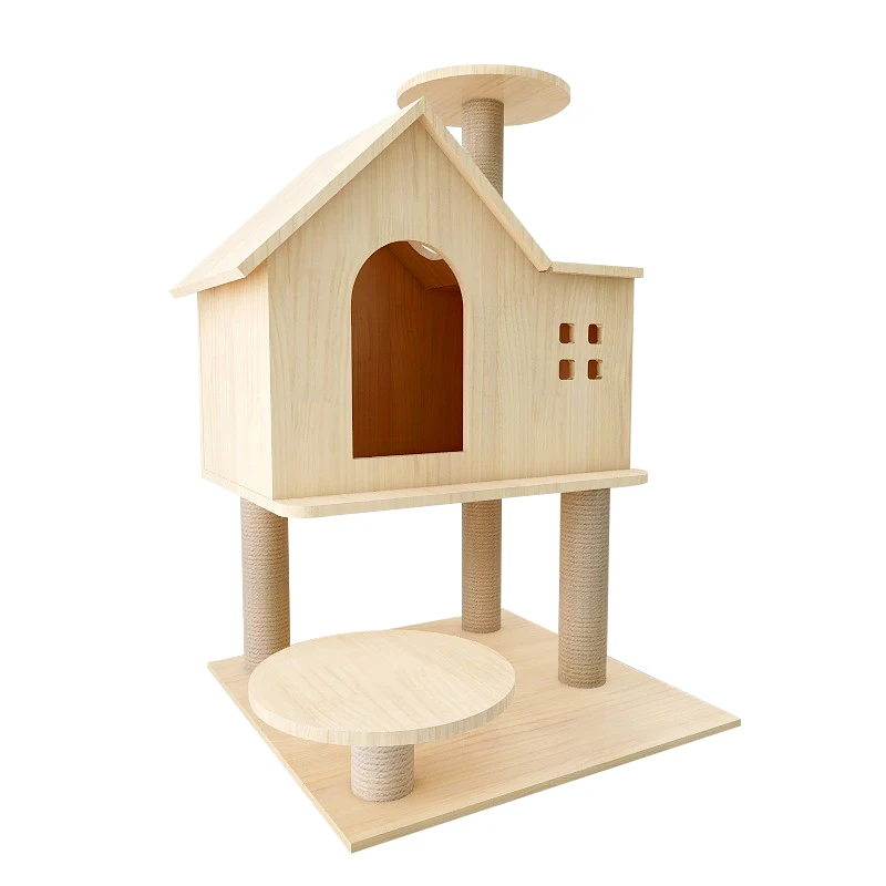 

Small Solid Wood Cat Climbing Frame Scratching Post House Cat Toy Pet Supplies Cat Tree, Yellow