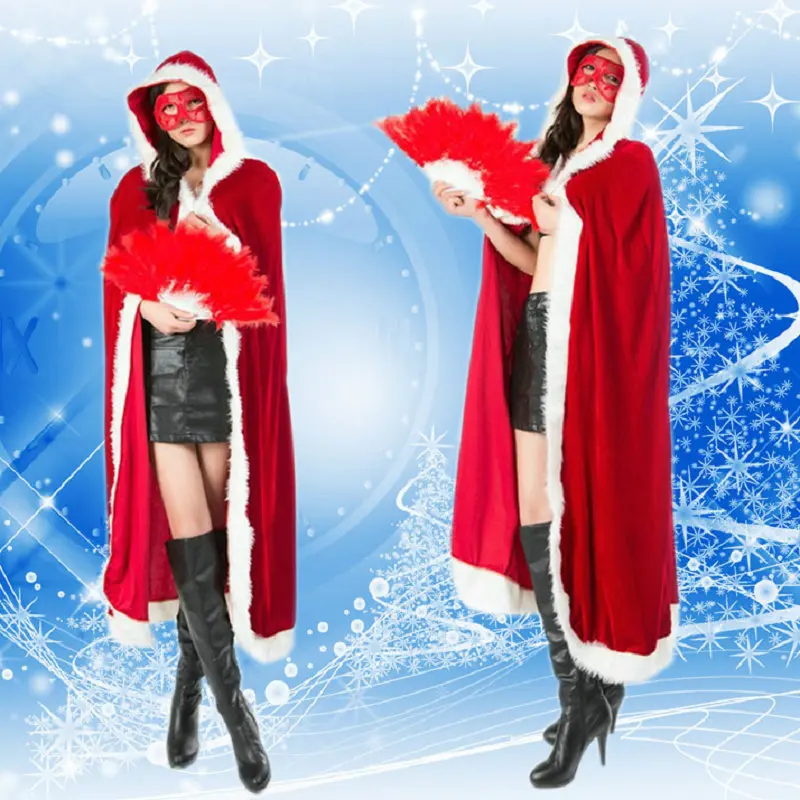 

60-90-120-150cm Red Velvet Hooded Cape Cloak Sexy Santa Cosplay Christmas Costumes Women Carnival Party Clubwear, Customized color