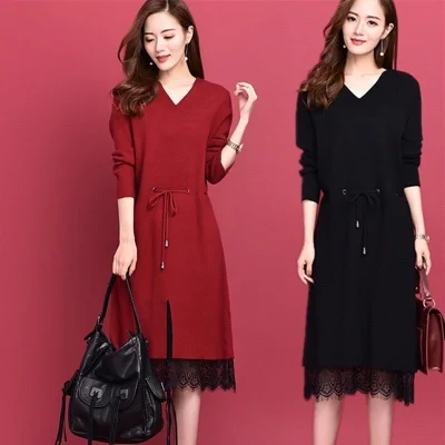 

2020 fall dresses for women sweater skirt long over the knee long sleeve knitted bottoming shirt slimming lace dress women