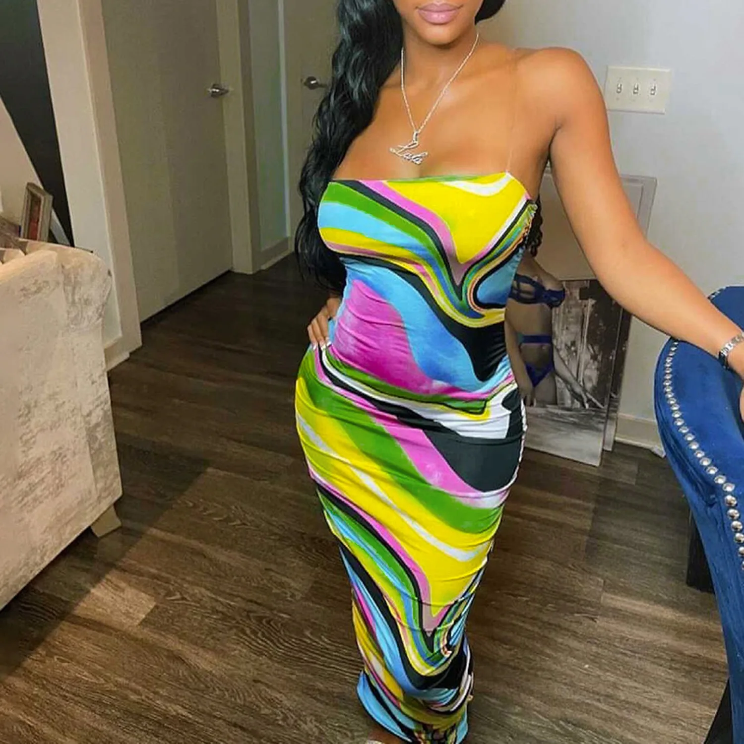 

KBL144954 Summer strapless colorful stripe sleeveless bodycon maxi dress clubwear women apparel 2021