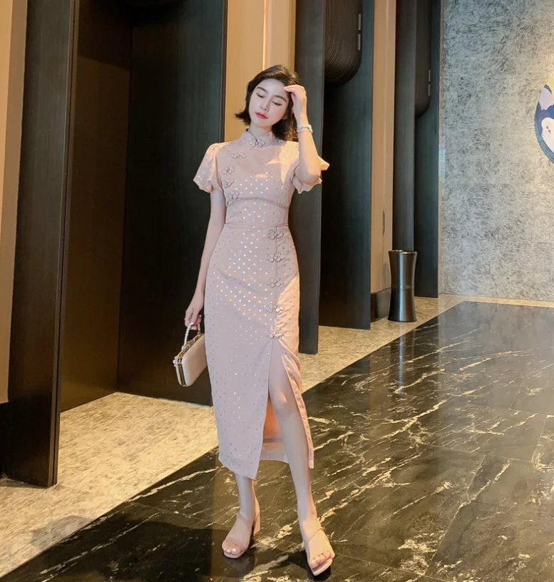 

2020 Fashion Women Split Ruffle Pencil Bodycon Dress Vintage Puff Sleeve Dress