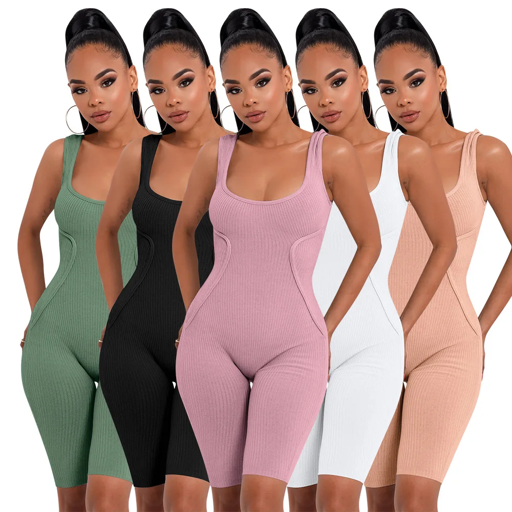 

Women Summer Solid Color Sleeveless Tight Fitting Fitness Cami Jumpsuit
