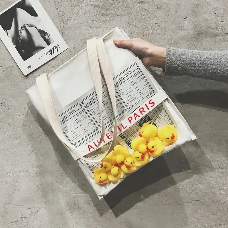 

Ins hot sale canvas shoulder bags PVC transparent handbags for women and girls custom logo wholesale
