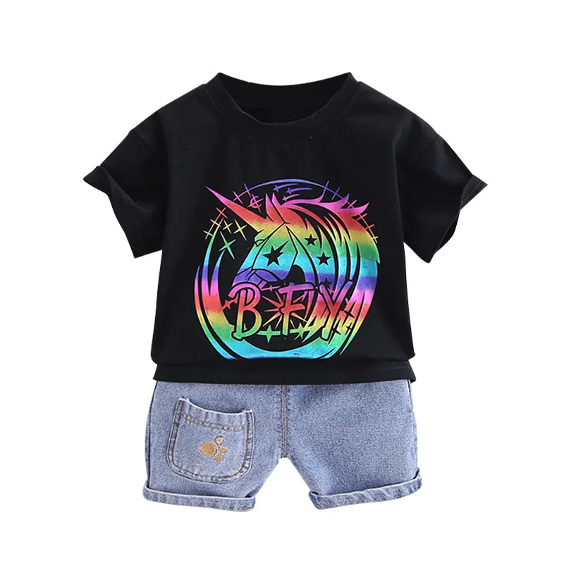 

2021 new children's clothing children's suit summer unicorn 1-3 year old baby short-sleeved T-shirt shorts two-piece sets, Yellow,blue,green