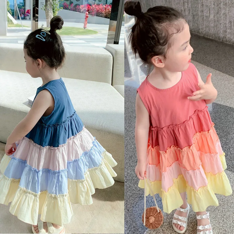 

2021 girls new girls clothes korean girls rainbow dress baby sleeveless ruffle party dresses