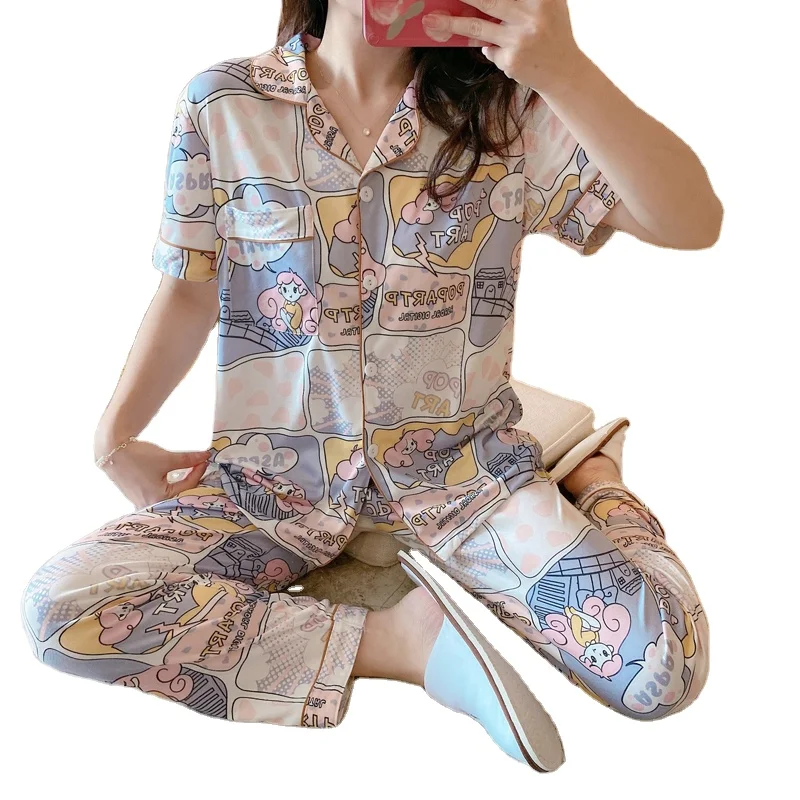 

Women's Cute Pajamas Summer Hot Cartoons Short Sleeve Pants 2Pcs Sets Home Wear Soft Milk Silk With Button Sleepwear For Women, As picture show