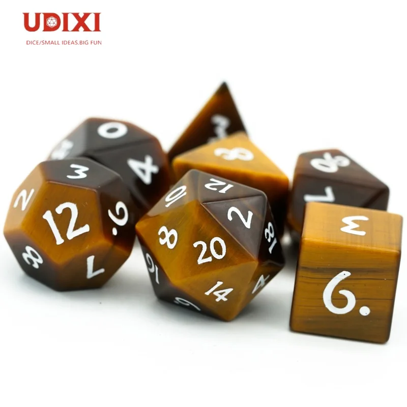 

Udixi Tiger's Eye Stone Dice with leather Hexagon Box Gemstone Dice for DND, Yellow