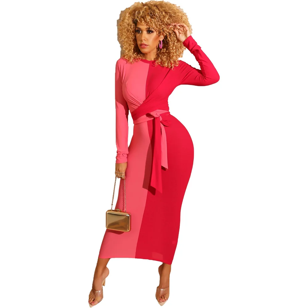 

2020 Hot selling High Quality Women sexy o neck long sleeve belt slim contrast ladies casual dresses