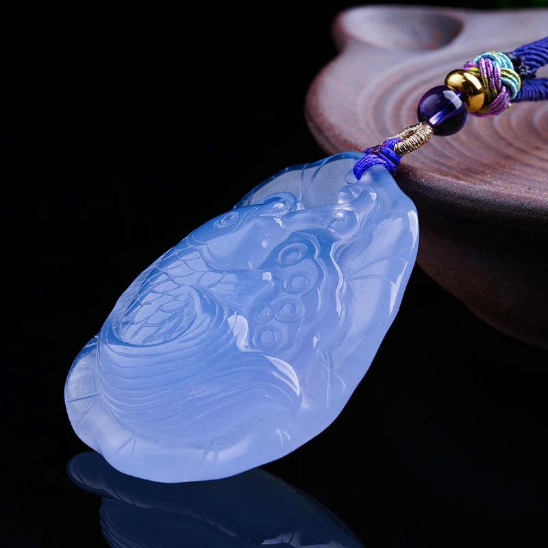 

Fine Carving Blue Chalcedony agate Fish and leaf Blue Crystals Necklace Pendant Men's Jewelry Healing Reiki Gift Energy, Natural blue