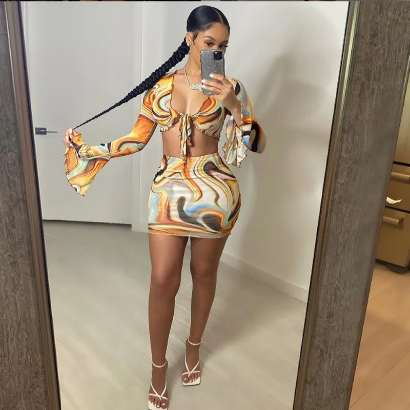 

2022 Womens Clothing Printed Puff Sleeve Knotted Crop Top Sexy Mini Dress Mesh Two Piece Skirt Set