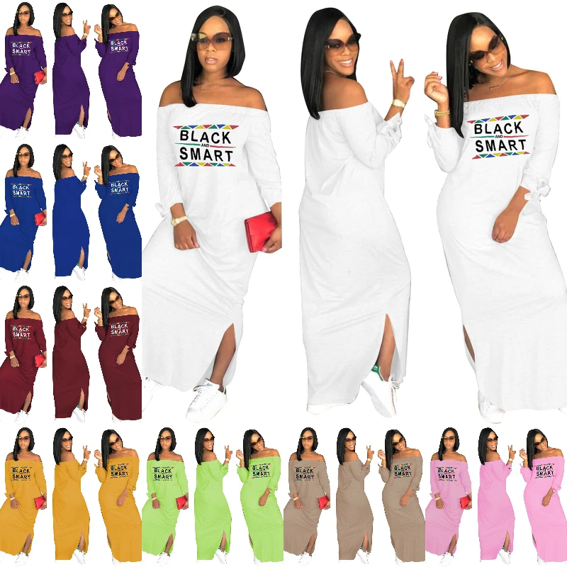 

Autumn new fashion plus dress for women off shoulder letter print split maxi dress