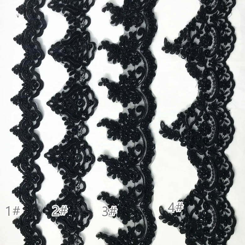 

New arrival flower embroidery bridal beaded lace trim black, As pictured